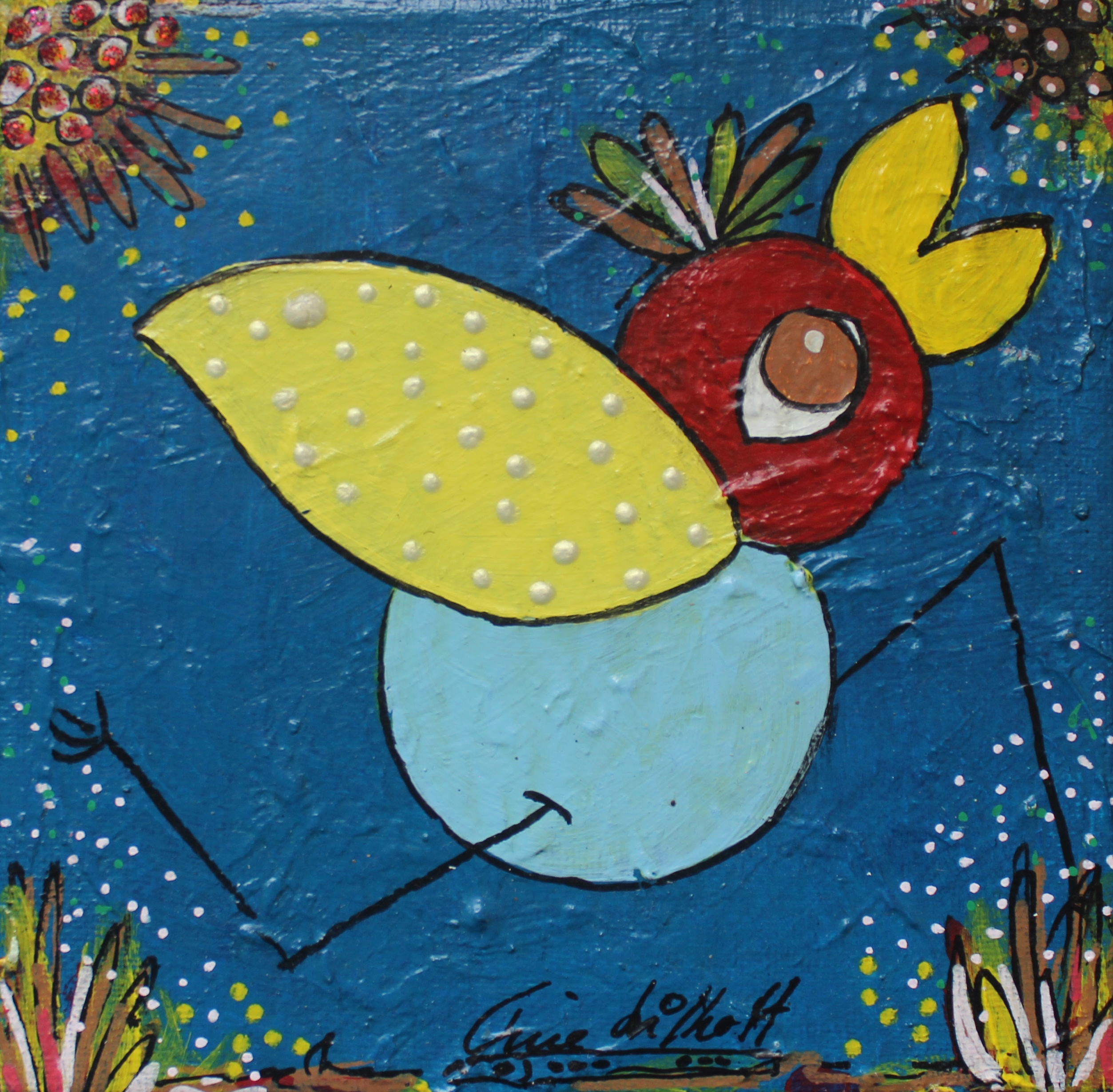 Kylling blå lyseblå gul rød 15 x 15 cm i ramme