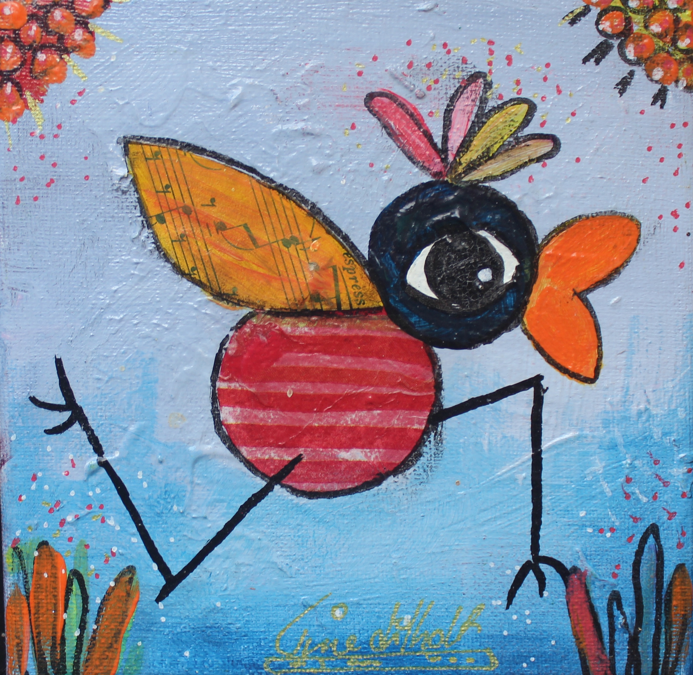 Kylling lyseblå rød orange 15 x 15 cm i ramme