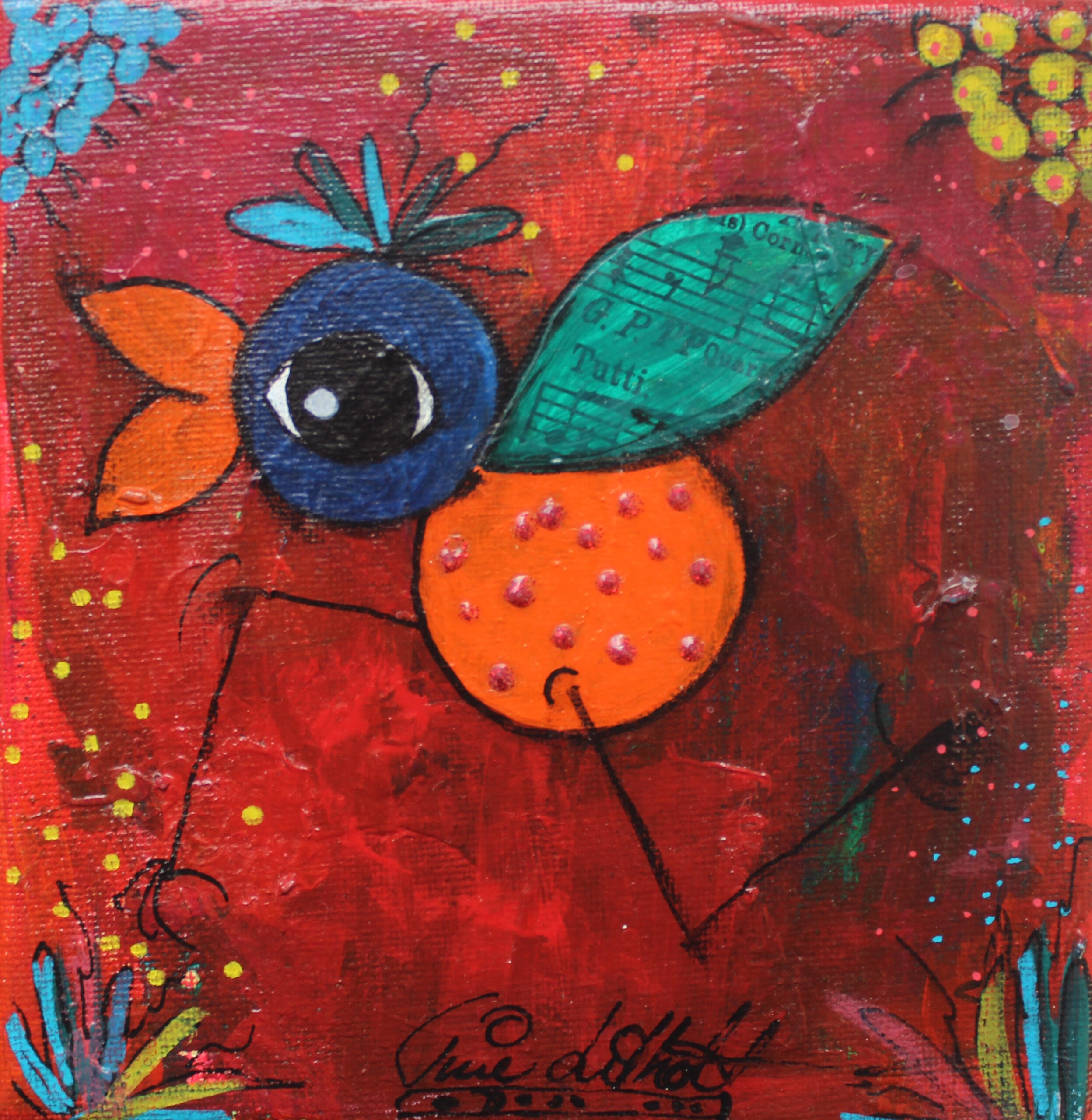 Kylling mørk rød blå grøn orange 15 x 15 cm u ramme