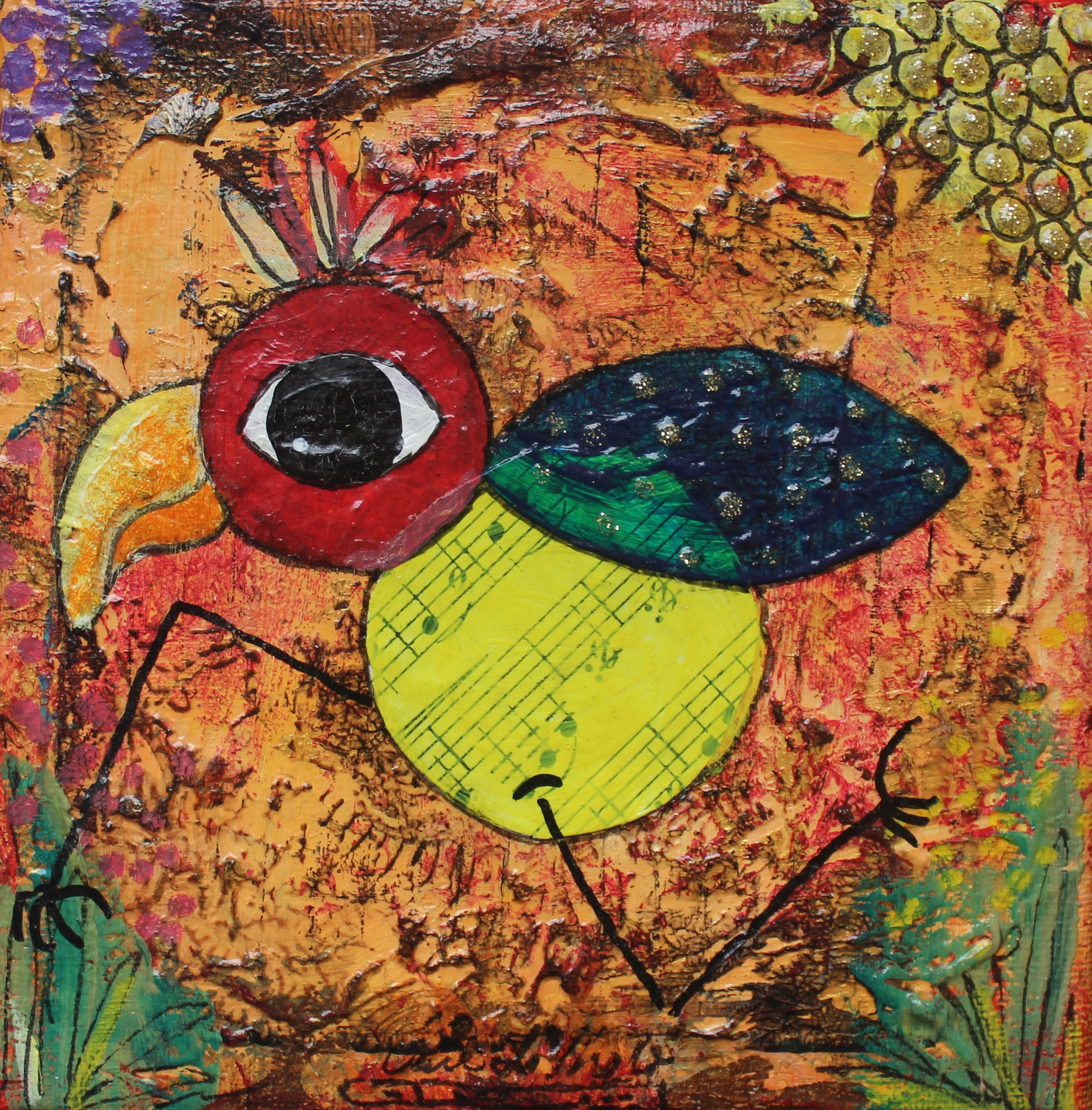 Kylling orange gul rød 15 x 15 cm i ramme