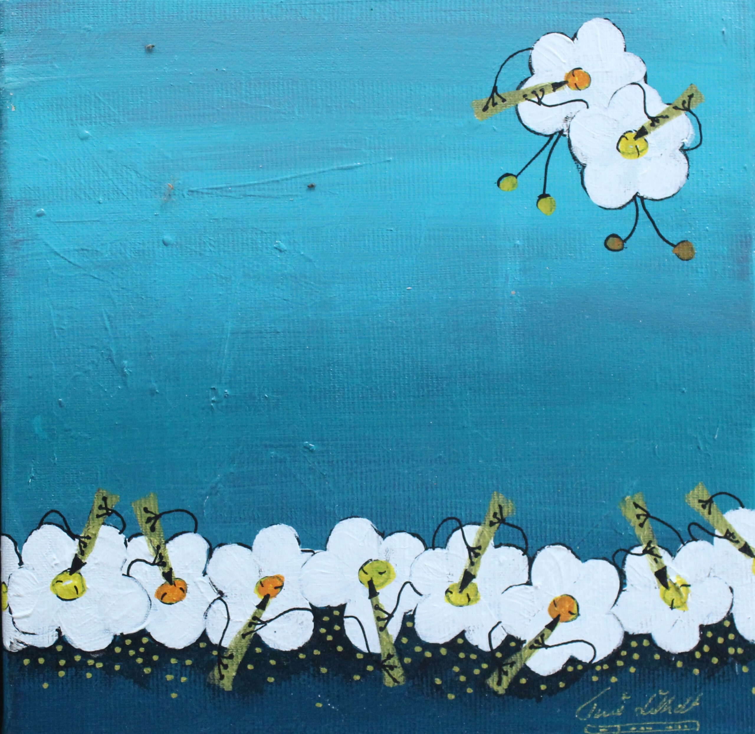 Tyrkis Blomsterblæserbort 20 x 20 cm i ramme